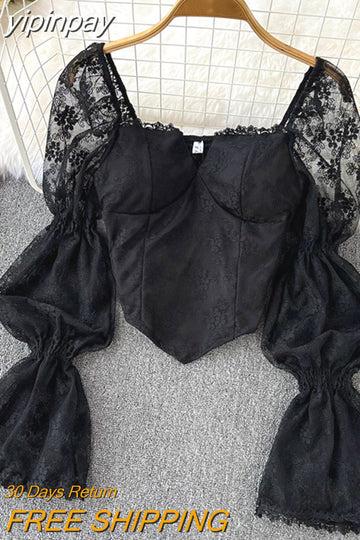 yipinpay 2023 Korean Fashion Elegant Lace Blusas Women Square Collar White Blouses Sexy Crop Top Shirts Female Black Camisas